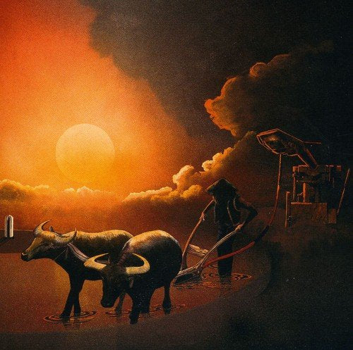 "Album cover art: oxen and person near oil rig at orange sunset."
