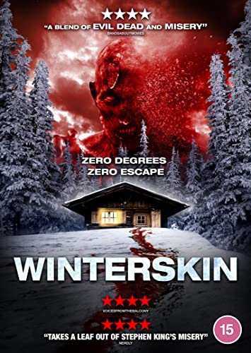 Winterskin DVD cover: bloody monster face over snowy cabin landscape.