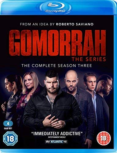 "Blue Blu-ray case with 'Gomorrah Season 3' cover, featuring six actors against a black background."
