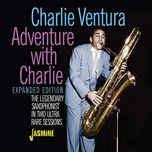 "Album cover featuring Charlie Ventura holding a saxophone, wearing a light blue suit."