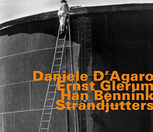 "Black and white album cover with a man on a ladder, orange text overlay."