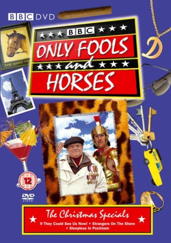 "Blue DVD cover with 'Only Fools and Horses' title, surrounded by festive and comedic images."
