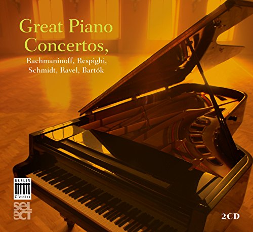 "CD cover featuring a grand piano with 'Great Piano Concertos' title in yellow text."