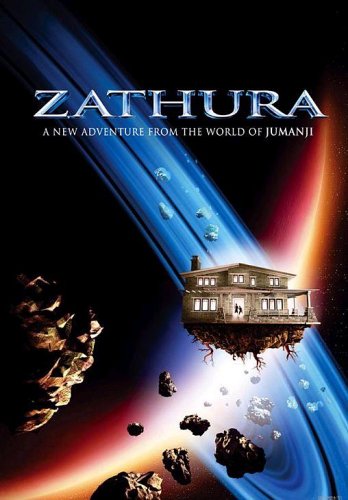 Zathura DVD cover: house in space with asteroids, blue and orange tones.