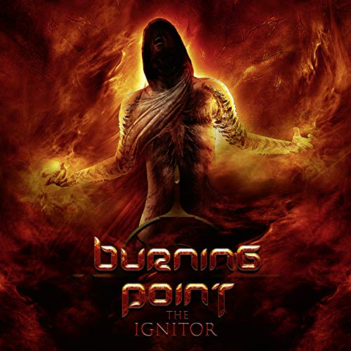 Hooded figure with outstretched arms against a fiery, textured background.
