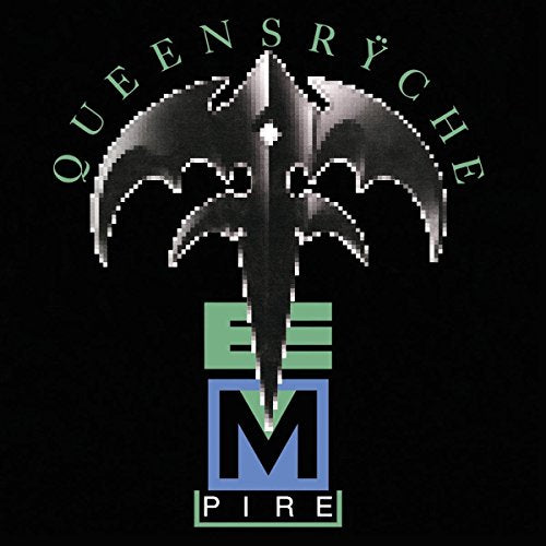 "Album cover for Queensryche's 'Empire' featuring a bat-like figure and stylized text on a black background."