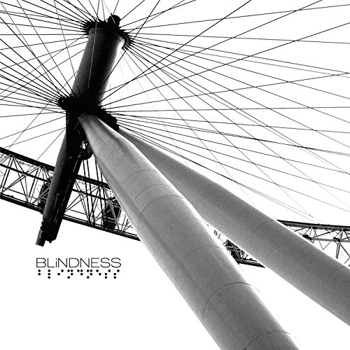 "Black and white album cover featuring three large pillars and a metal structure."