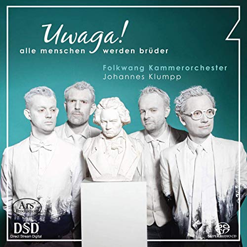 CD cover with Beethoven bust surrounded by five men in white shirts against teal background.