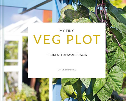 "Book cover with 'My Tiny Veg Plot' title on white overlay, surrounded by green leaves and garden."