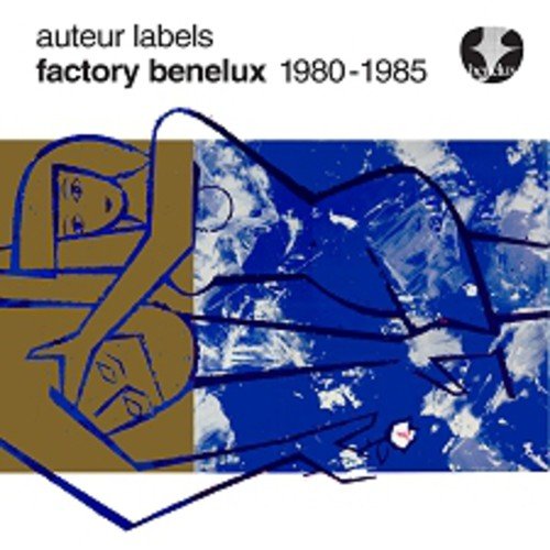 "CD cover with abstract blue and gold design, featuring text 'factory benelux 1980-1985'."