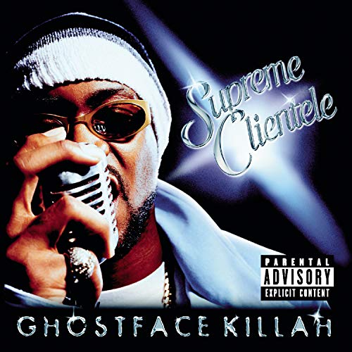 Ghostface Killah album cover, close-up of rapper with microphone.