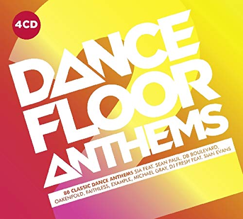 "Dancefloor Anthems" CD cover with white text on a red and yellow background.