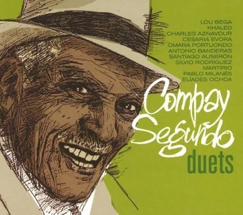 Stylized illustration of Compay Segundo wearing a hat on a green background.