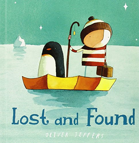 The image depicts a child and a penguin in a boat on icy waters.
