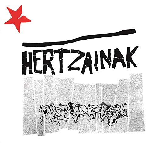 "Album cover with 'Hertzainak' text, red star, and running figures illustration on a white background."
