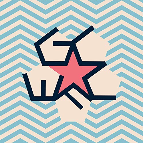 Abstract album cover with pink star and black lines on blue chevron background.
