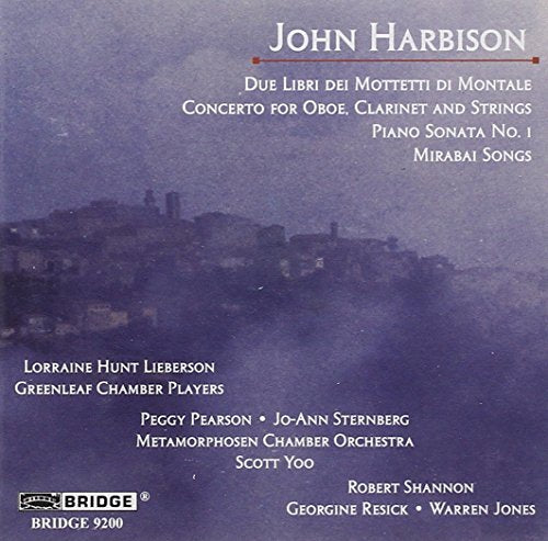 CD cover with blue-toned town image and white text listing John Harbison's compositions.