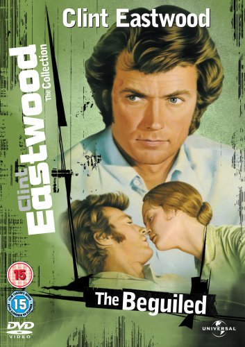 DVD cover for "The Beguiled" featuring Clint Eastwood and two women, green background.