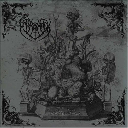 "Album cover with dark, gothic illustration of skeletons and coffins, surrounded by skulls."