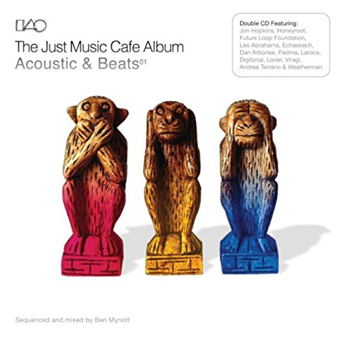 "Three carved wooden monkey statues in red, yellow, and blue on a white album cover."