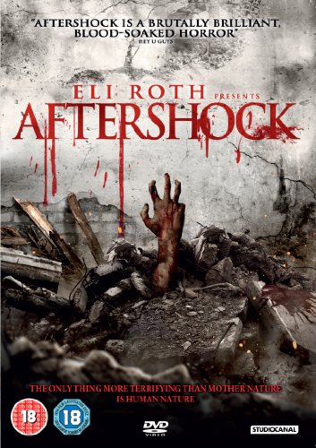 "A bloody hand emerges from rubble on the DVD cover for 'Aftershock'."