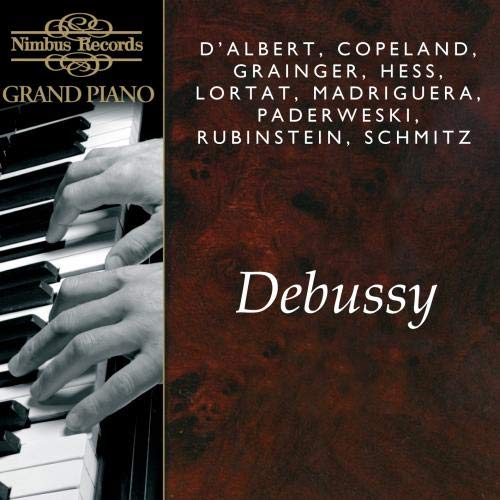 CD cover for Debussy’s piano music with hands on keys and red background.