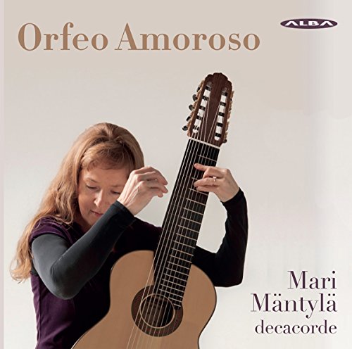 Woman playing a ten-string guitar, album cover for "Orfeo Amoroso.
