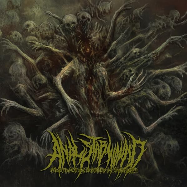 Dark, grotesque illustration of a monstrous figure surrounded by skulls.