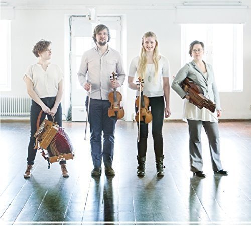 "CD case with musicians holding instruments in a white room."