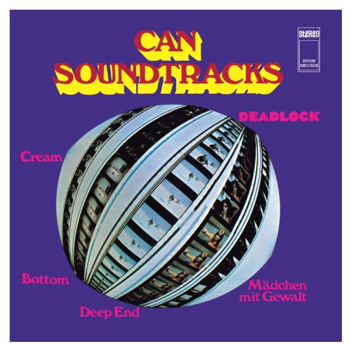 "Album cover with 'Can Soundtracks' title, spherical building image, on purple background."