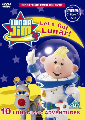"Lunar Jim" DVD cover featuring a smiling astronaut and robot against a starry background.