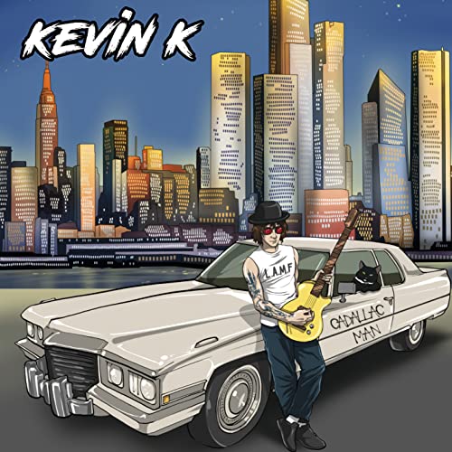 CD cover for Kevin K's "Cadillac Man" featuring a man, car, and city skyline.