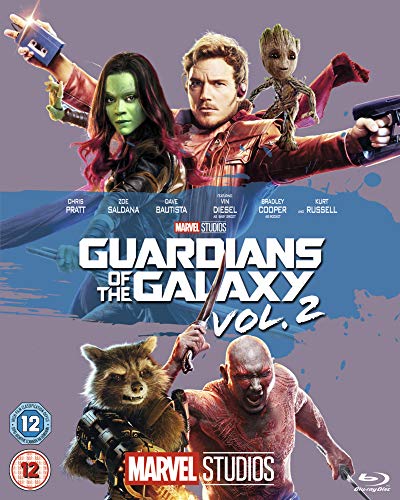 "Guardians of the Galaxy Vol. 2 Blu-ray cover featuring main characters against a purple background."