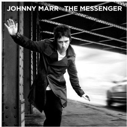 Black and white album cover featuring Johnny Marr under a bridge.