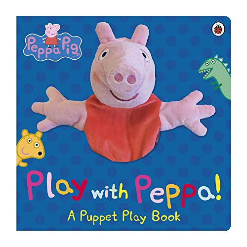 "Children's book cover featuring a pink pig puppet on a blue background with cartoon characters."