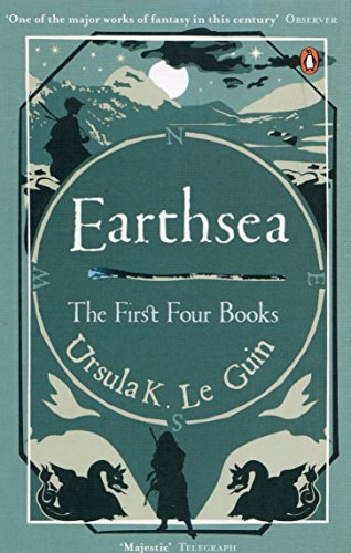"Book cover of 'Earthsea: The First Four Books' by Ursula K. Le Guin, green with silhouetted figures."