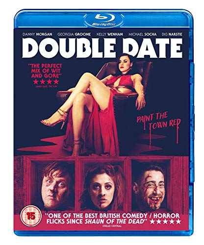 Blu-ray cover for Double Date featuring a woman in a red dress and three heads.