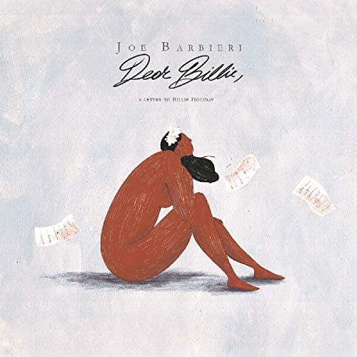 "Album cover with a person surrounded by floating letters on a gray background."