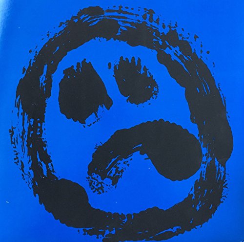 Blue vinyl record cover with a black, distressed smiley face.