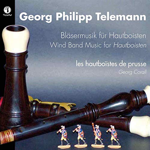 CD cover featuring baroque oboes and figurines, text reads "Telemann: Wind Band Music".