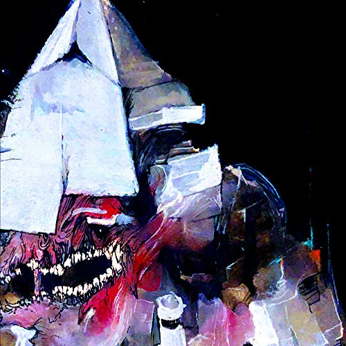 Abstract painting of a monstrous face with sharp, white peaks.