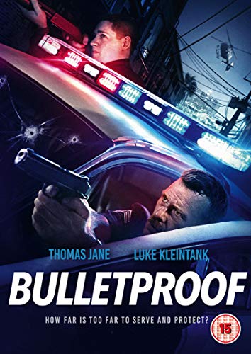 "DVD cover for 'Bulletproof' showing two men in a police car with guns."
