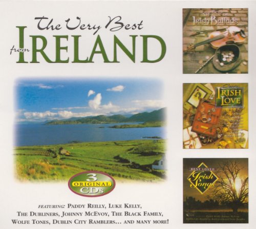"CD cover with Irish landscape and three smaller album covers on a white background."