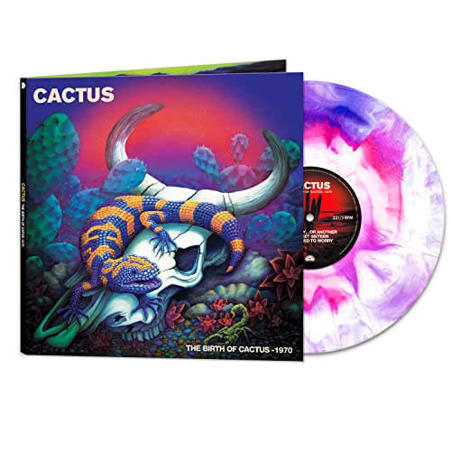 1970 Cactus album cover with a reptile skull and colorful vinyl record.