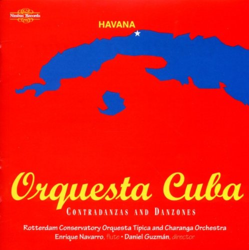 Red album cover with blue map of Cuba and yellow text "Orquesta Cuba".