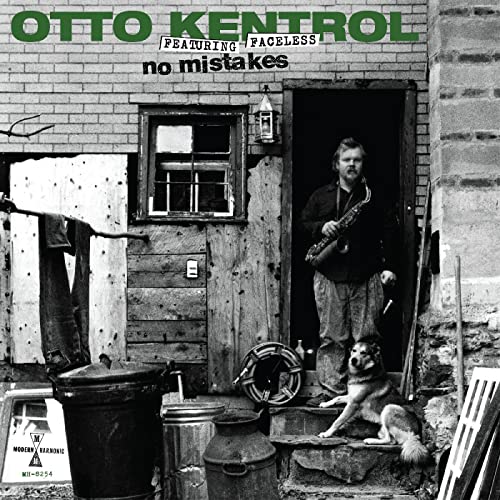 CD cover: musician with saxophone and dog in front of a building.