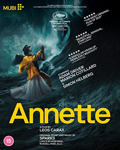 “Annette” Blu-ray cover: couple dancing amidst swirling blue waves, Adam Driver featured.