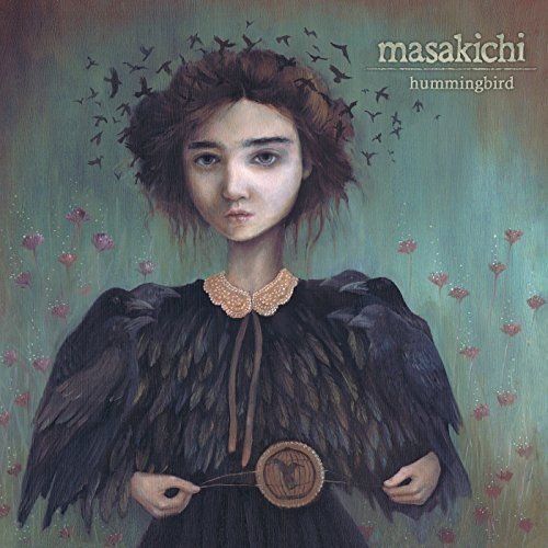 "Album cover art: woman with feathered cloak and birds, surrounded by flowers."