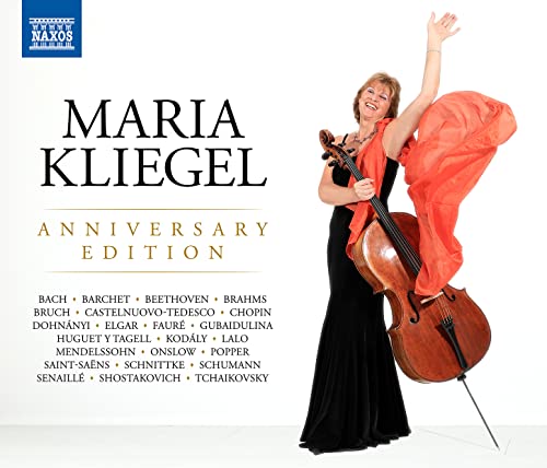 Cellist Maria Kliegel on album cover, with flowing red fabric and composer names.