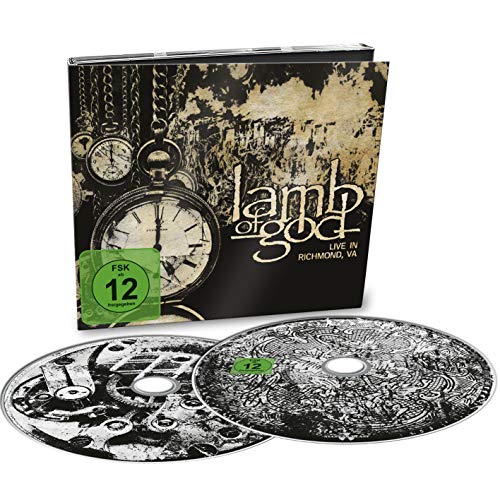 "Lamb of God" DVD case and discs with clock and abstract designs.